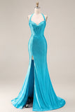 Light Blue Mermaid Beaded Halter Corset Long Prom Dress with Slit