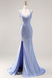 Light Blue Mermaid Beaded Halter Corset Long Prom Dress with Slit