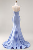 Light Blue Mermaid Beaded Halter Corset Long Prom Dress with Slit