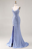 Light Blue Mermaid Beaded Halter Corset Long Prom Dress with Slit