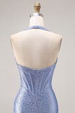 Light Blue Mermaid Beaded Halter Corset Long Prom Dress with Slit
