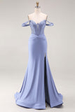 Off the Shoulder Royal Blue Beaded Corset Mermaid Long Prom Dress with Slit