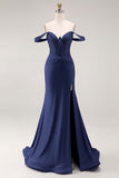 Off the Shoulder Royal Blue Beaded Corset Mermaid Long Prom Dress with Slit