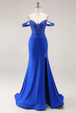 Off the Shoulder Royal Blue Beaded Corset Mermaid Long Prom Dress with Slit
