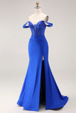 Off the Shoulder Royal Blue Beaded Corset Mermaid Long Prom Dress with Slit