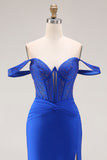 Off the Shoulder Royal Blue Beaded Corset Mermaid Long Prom Dress with Slit