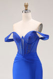 Off the Shoulder Royal Blue Beaded Corset Mermaid Long Prom Dress with Slit