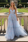 Blue Flower A-Line Spaghetti Straps Pleated Print Tulle Long Prom Dress