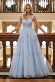 Blue Flower A-Line Spaghetti Straps Pleated Print Tulle Long Prom Dress