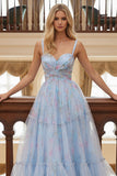 Blue Flower A-Line Spaghetti Straps Pleated Print Tulle Long Prom Dress