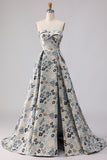 Strapless A Line Blue Floral Printed Long Prom Dress with Slit