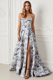 Strapless Blue Flower Print A Line Satin Jacquard Long Prom Dress with Slit