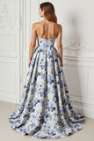 Strapless Blue Flower Print A Line Satin Jacquard Long Prom Dress with Slit