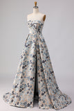 Strapless A Line Blue Floral Printed Long Prom Dress with Slit