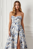 Strapless Blue Flower Print A Line Satin Jacquard Long Prom Dress with Slit