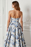 Strapless Blue Flower Print A Line Satin Jacquard Long Prom Dress with Slit