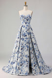 Strapless A Line Blue Floral Printed Long Prom Dress with Slit