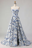 Strapless Blue Flower Print A Line Satin Jacquard Long Prom Dress with Slit