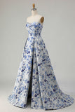 Strapless A Line Blue Floral Printed Long Prom Dress with Slit