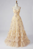 Yellow Flower A-Line Spaghetti Straps Print Tulle Long Prom Dress with Ruffles