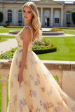 Yellow Flower A-Line Spaghetti Straps Ruffled Print Tulle Long Prom Dress