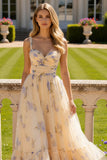 Yellow Flower A-Line Spaghetti Straps Ruffled Print Tulle Long Prom Dress