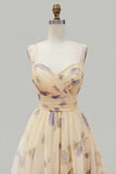 Yellow Flower A-Line Spaghetti Straps Print Tulle Long Prom Dress with Ruffles