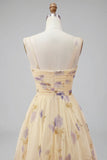 Yellow Flower A-Line Spaghetti Straps Print Tulle Long Prom Dress with Ruffles