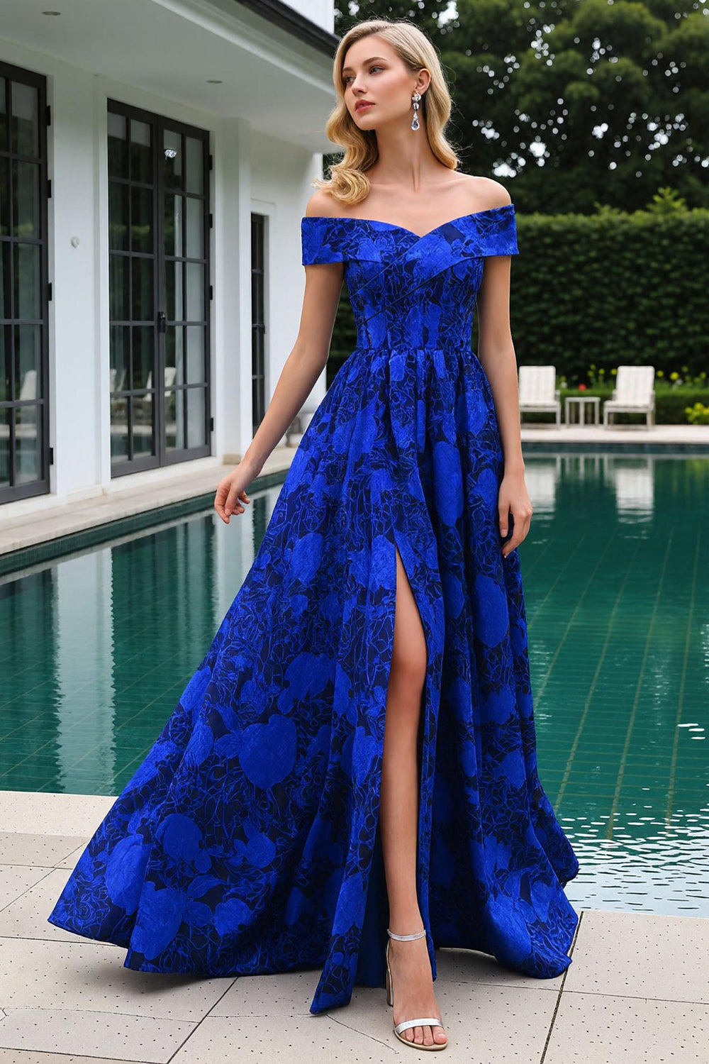 WEDTREND Women Royal Blue Long Prom Dress A-Line Off The Shoulder Jacquard Floral Wedding Guest Dress with Slit WEDTREND Women Royal Blue Long Prom Dress A-Line Off The Shoulder Jacquard Floral Wedding Guest Dress with Slit