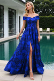 Off The Shoulder Royal Blue Floral Jacquard A Line Long Prom Dress with Slit