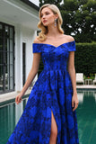 Off The Shoulder Royal Blue Floral Jacquard A Line Long Prom Dress with Slit