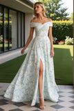 Off The Shoulder Blue White Flower A-Line Print Long Bridesmaid Dress with Slit