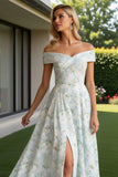 Off The Shoulder Blue White Flower A-Line Print Long Bridesmaid Dress with Slit
