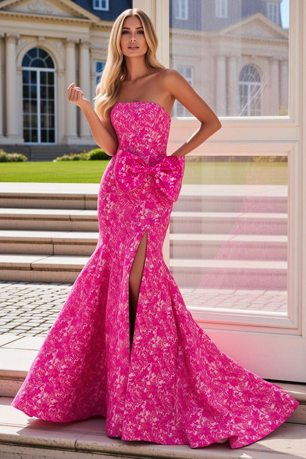 fuchsia floral party dress WEDTREND Women Fuchsia Floral Maxi Dress with Slit A-Line Strapless Backless Corset Wedding Guest Dress with Pockets, Fuchsia Flower / US2
