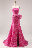 Strapless Fuchsia Flower Mermaid Jacquard Long Prom Dress with Bow