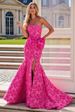 Fuchsia Flower Mermaid Strapless Jacquard Long Prom Dress with Bow