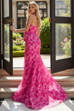 Fuchsia Flower Mermaid Strapless Jacquard Long Prom Dress with Bow