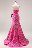 Strapless Fuchsia Flower Mermaid Jacquard Long Prom Dress with Bow