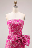 Strapless Fuchsia Flower Mermaid Jacquard Long Prom Dress with Bow