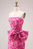 Strapless Fuchsia Flower Mermaid Jacquard Long Prom Dress with Bow