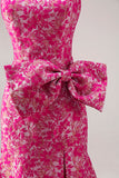 Strapless Fuchsia Flower Mermaid Jacquard Long Prom Dress with Bow