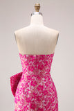 Strapless Fuchsia Flower Mermaid Jacquard Long Prom Dress with Bow
