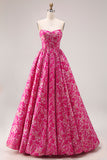 Fuchsia Flower Strapless A Line Jacquard Long Prom Dress