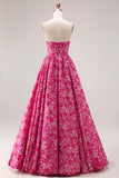 Fuchsia Flower Strapless A Line Jacquard Long Prom Dress