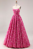 Fuchsia Flower Strapless A Line Jacquard Long Prom Dress