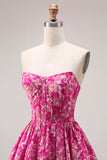 Fuchsia Flower Strapless A Line Jacquard Long Prom Dress