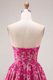 Fuchsia Flower Strapless A Line Jacquard Long Prom Dress