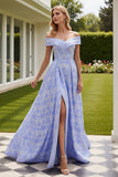 Light Blue Jacquard A Line Off The Shoulder Floral Long Prom Dress with Slit