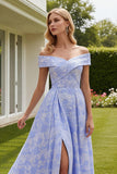 Light Blue Jacquard A Line Off The Shoulder Floral Long Prom Dress with Slit