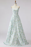 Strapless Blue White Flower Print A Line Satin Long Wedding Party Dress with Pockets